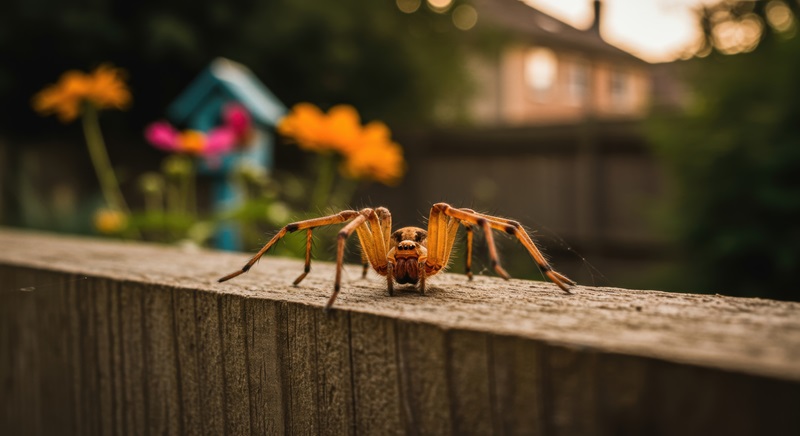 Close-up of a spider on a wooden fence with colorful flowers and a birdhouse in the background Pest Control Brown Recluse Spiders, Expert Pest Solutions, How Expert Pest Solutions Keeps Springfield Businesses Safe AdobeStock_1397736571