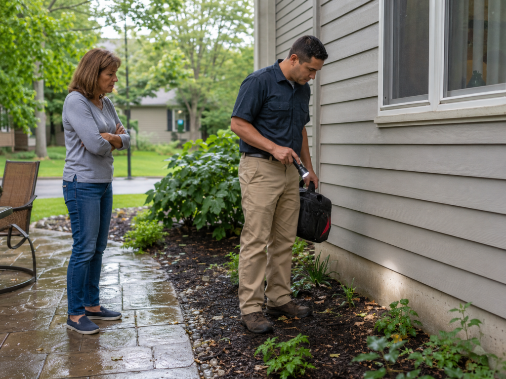 Professional ant exterminator inspecting exterior moisture areas near a Springfield area home after warm weather.