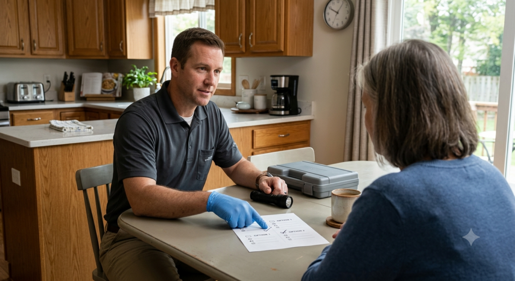 Pest professional explains affordable one-time and recurring pest control options to a homeowner.
