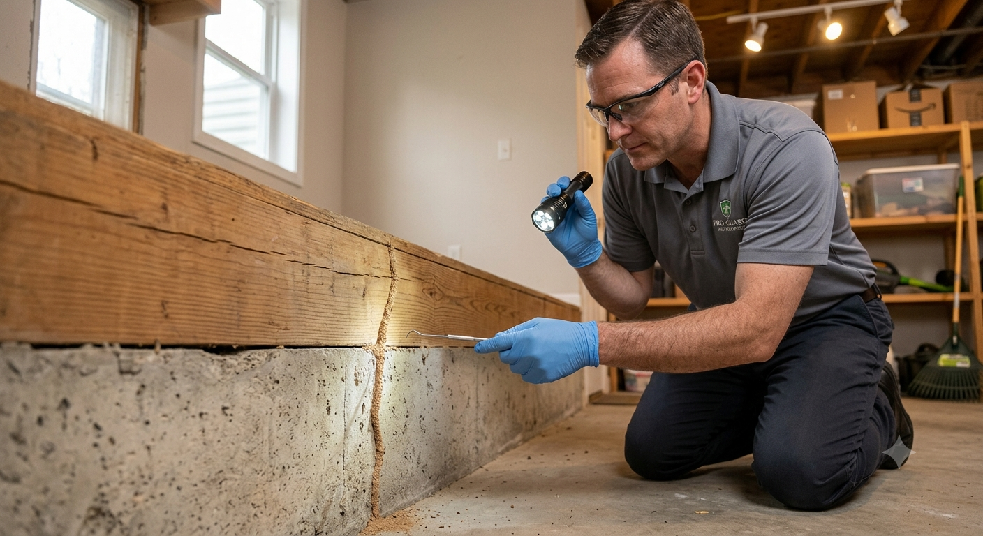 Pest control expert inspects termite mud tubes where a foundation meets a wooden floor joist.