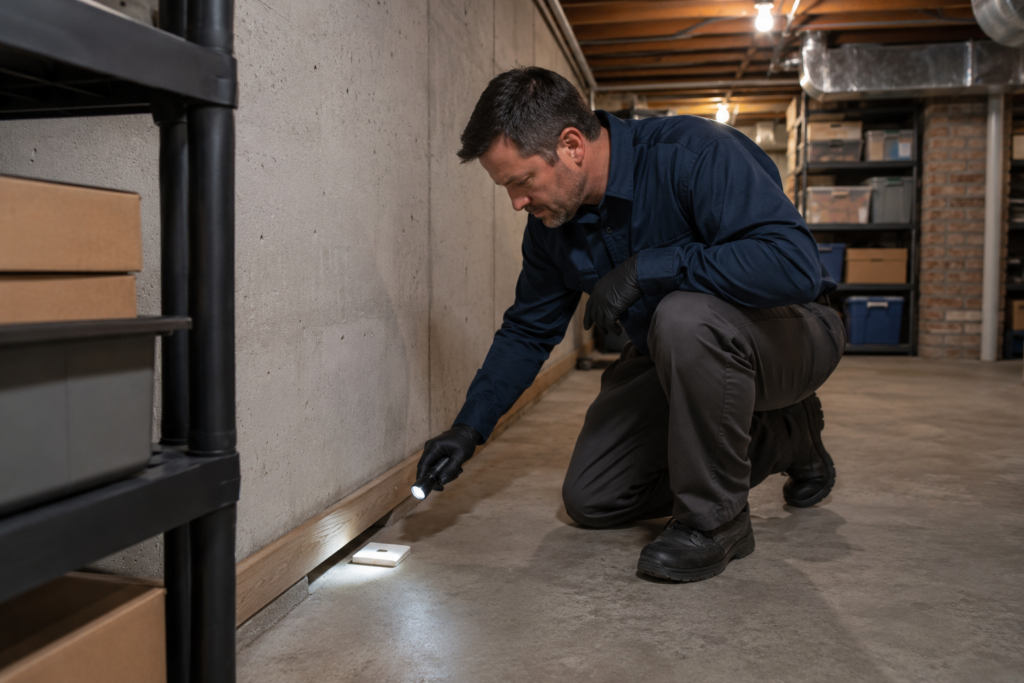 Technician inspecting a storage area for signs of brown recluse spiders.