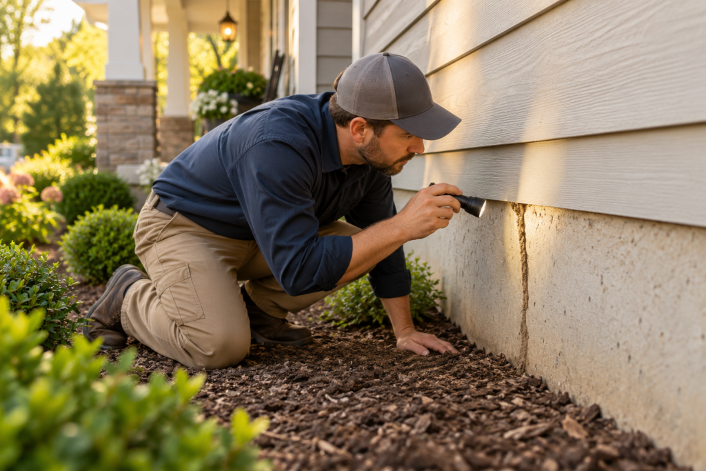 Pest control technician inspecting a home’s exterior foundation for possible termite activity.